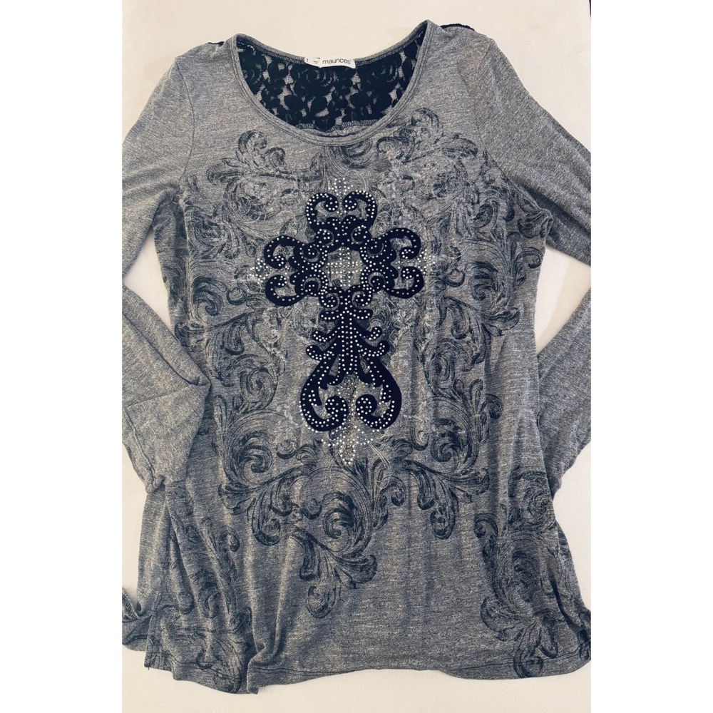 Y2K Maurices Womens Grey Rhinestone Cross Lace Burnout‎ Long Sleeve Top Size 1